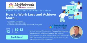 Promotional graphic for a My Network for Women event. How to work less and achieve more.