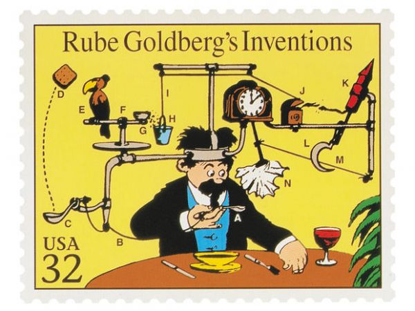 Rub Goldberg postage stamp. Illustrating a very complex process for automatically using a napkin