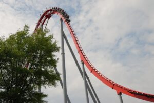 Roller coaster, a cart just about to come down a steep incline.